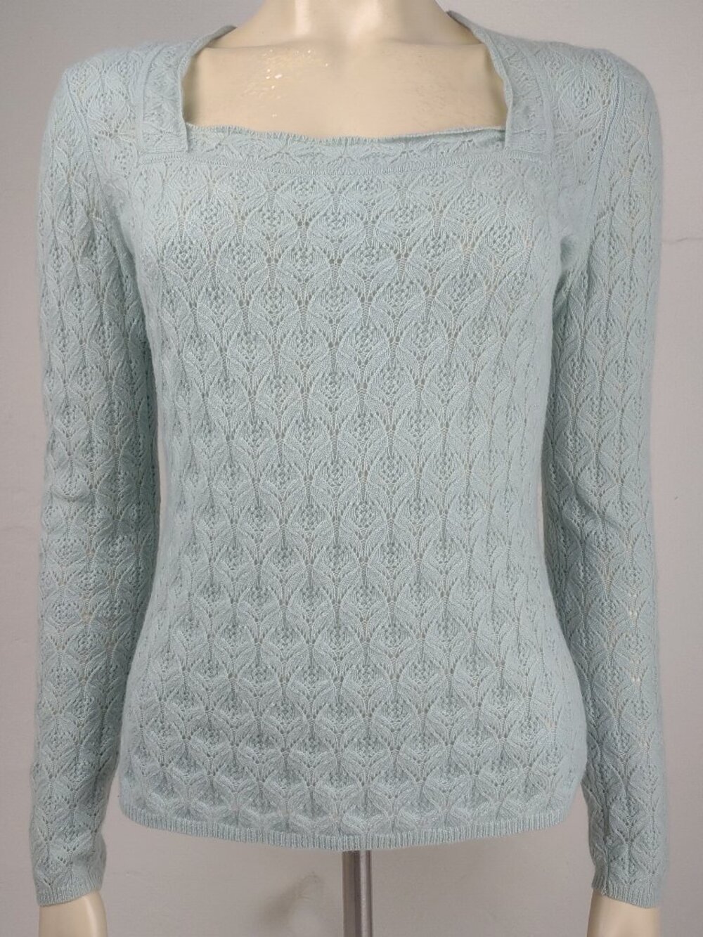 Ann Taylor light blue crochet lace knit 100% Cashmere square neck sweater Small